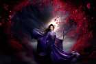 Fantasy of Japanese goddess in flowing purple dress. AI Generated. Art Print